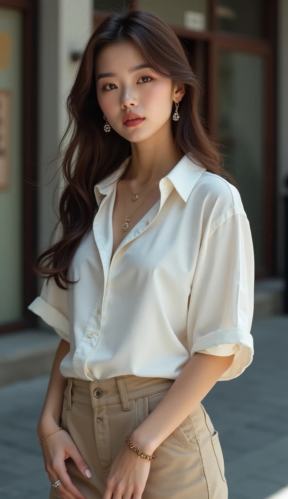Highest quality, Very detailed, masterpiece, 1 person,Japanese women,(((Perfect female body))),Very beautiful face, Very beautiful body,Gentle expression, Very beautiful eyes,(Perfect Makeup:1.1),Fashion Model,Korean Fashion,Long Hair,Brown Hair:1.3, Big Breasts、Smart Abs,モノトーンビッグサイズShort sleeveシャツ,Ankle Pants,necklace,anklet,Elegant pumps,A kind smile,Full body portrait,(Street background:1.3), (Glowing Skin),(Earrings),indoor、cute、Short sleeve