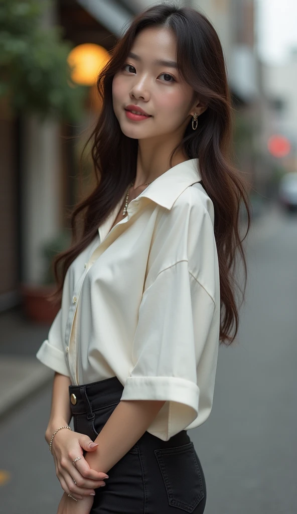 Highest quality, Very detailed, masterpiece, 1 person,Japanese women,(((Perfect female body))),Very beautiful face, Very beautiful body,Gentle expression, Very beautiful eyes,(Perfect Makeup:1.1),Fashion Model,Korean Fashion,Long Hair,Brown Hair:1.3, Big Breasts、Smart Abs,モノトーンビッグサイズShort sleeveシャツ,Ankle Pants,necklace,anklet,Elegant pumps,A kind smile,Full body portrait,(Street background:1.3), (Glowing Skin),(Earrings),indoor、cute、Short sleeve