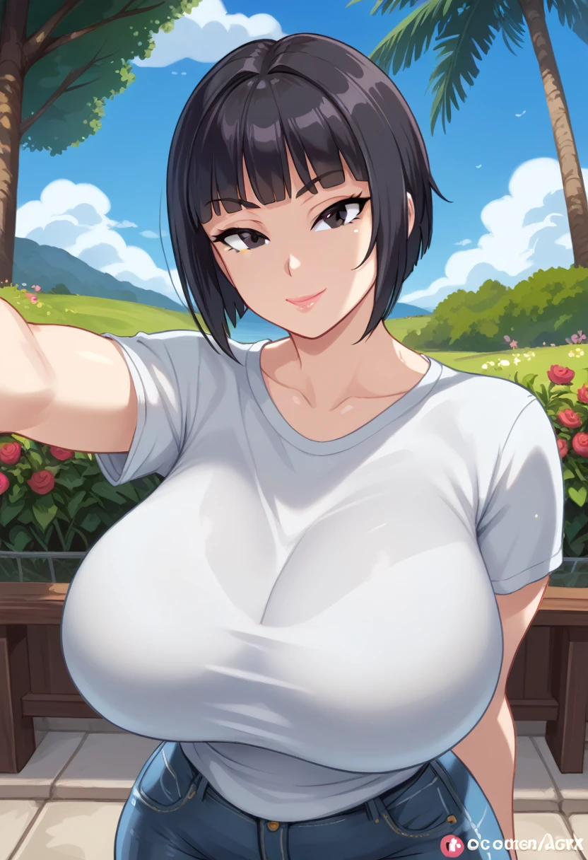 1girl, solo, tomboy, mature female, older, huge breasts, milf, motherly, wide hips, curvy, collarbone, lips, Accurate describe shapes, beautiful face, expressive eyes, straight hair, short hair, blunt bangs, black hair, score_9, black eyes, white t-shirt, jeans, outdoors, upper body, looking at viewer, seductive smile