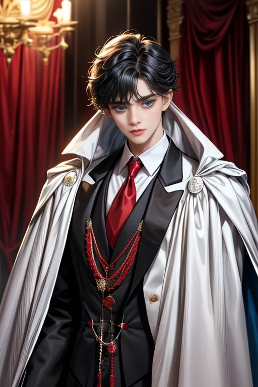 masterpiece, 最high quality, high quality, 1 boy, alone, Male focus, Upper Body,Watching the audience, Messy black hair, Adorable big blue eyes, White, Noble, Noble,A black and red cape that is bursting with sexy volume、Tuxedo、A very voluminous, large, very large, very large, long, long red and black cape with a high stand-up collar, made of a lot of fabric that reaches down to the floor., ,cute beautiful,Cute, cute, kind, handsome guy