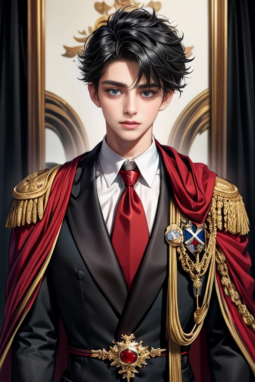 masterpiece, 最high quality, high quality, 1 boy, alone, Male focus, Upper Body,Watching the audience, Messy black hair, Adorable big blue eyes, White, Noble, Noble,A black and red cape that is bursting with sexy volume、Tuxedo、A very voluminous, large, very large, very large, long, long red and black cape with a high stand-up collar, made of a lot of fabric that reaches down to the floor., ,cute beautiful,Cute, cute, kind, handsome guy