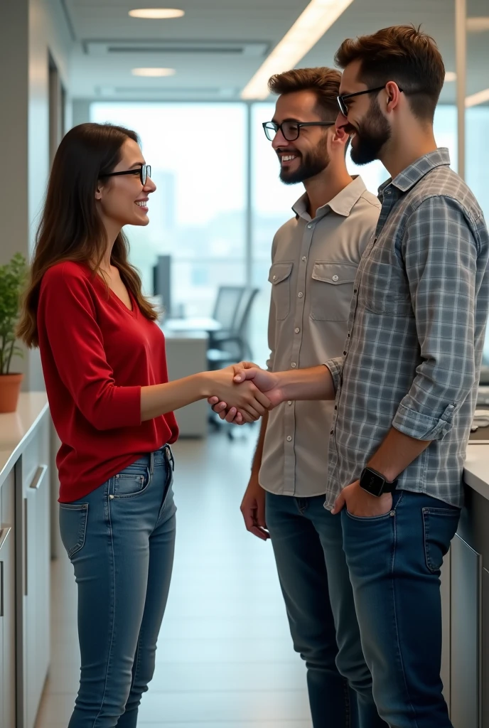 1 girl and 1 couple are meeting in drinking water area in office and shaking hands, girl is wearing red top and jeans and glasses and boy is wearing grey check shirt and jeans and smart watch and both are wearing white shoes but boy is not wearing glasses, boy is talking to girl in red top.
Only girl in red top is wearing glasses