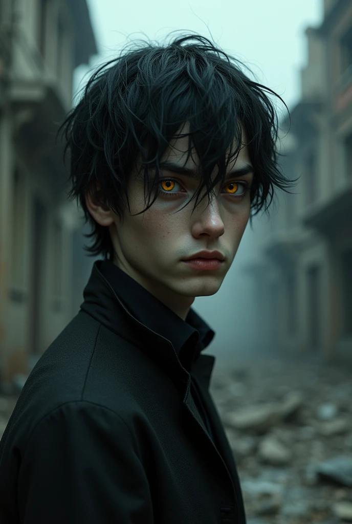 young guy, dark hair, yellow eyes, thin pupils, destroyed buildings in the background