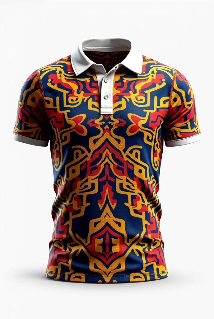 Create rugby jersey maori tribe full pattern yellow red blue white retro round neck collar white background