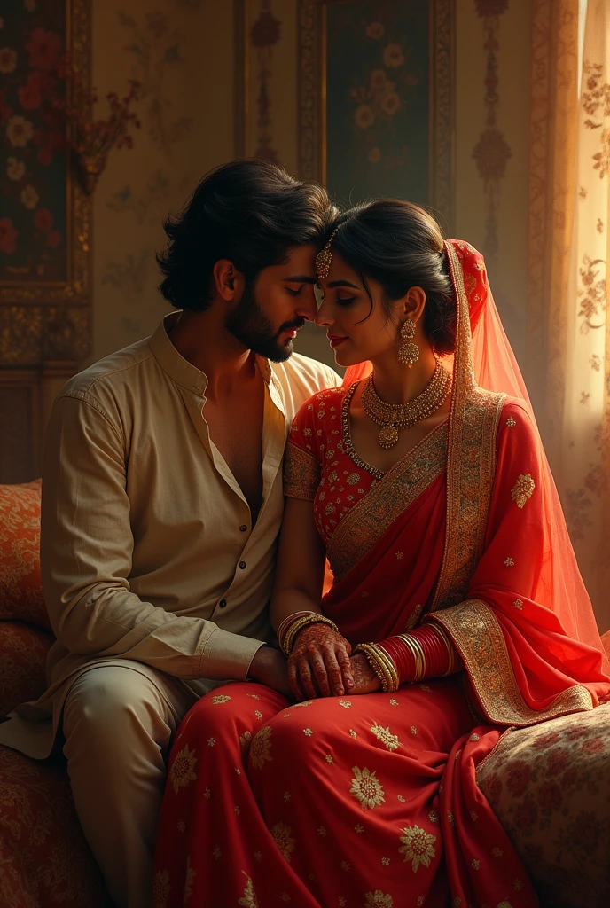 A Indian girl with her husband on suhagrat
