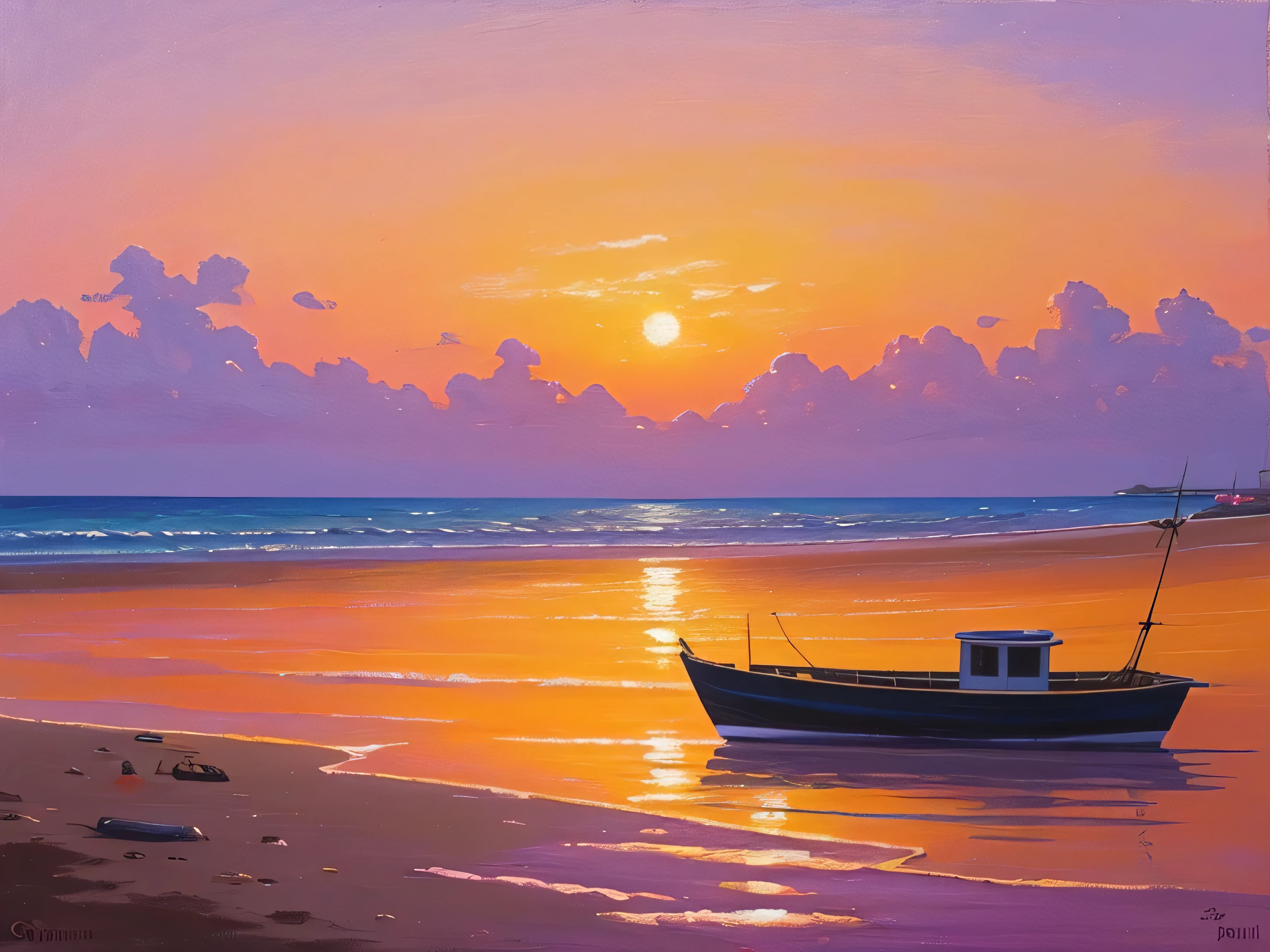 There is a fishing boat in the light pink sea.. There is a beach full of coconut shells. The evening sky is pink, purple and yellow.　Oil painting