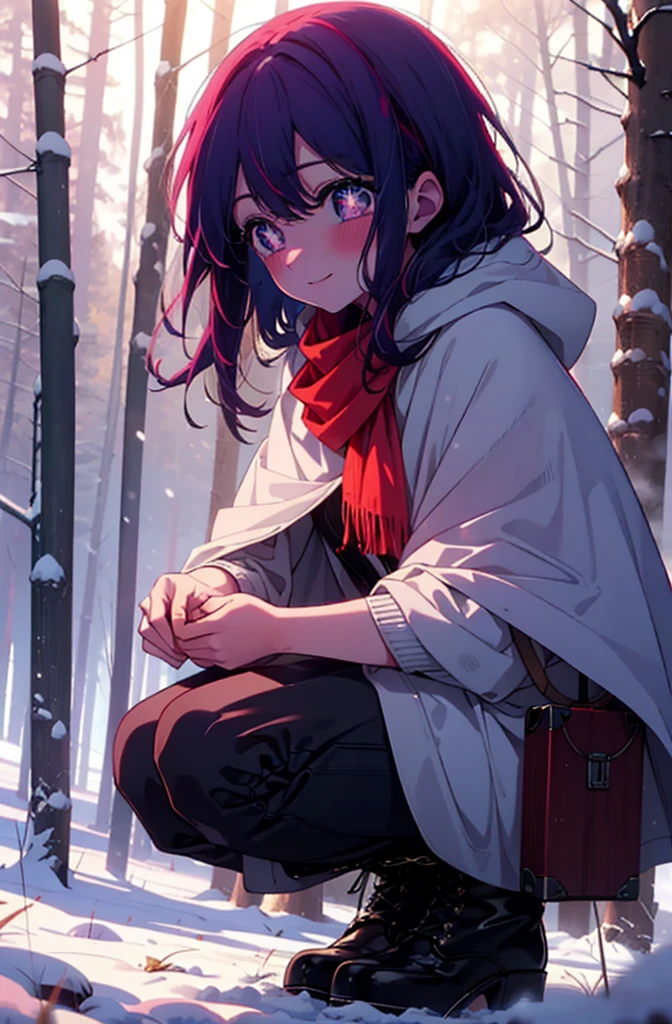 aihoshino, Ai Hoshino, Long Hair, bangs, (Purple eyes:1.1), Purple Hair, (Symbol-shaped pupil:1.5), smile,,smile,blush,white breath,
Open your mouth,snow,Ground bonfire, Outdoor, boots, snowing, From the side, wood, suitcase, Cape, Blurred, , forest, White handbag, nature,  Squat, Mouth closed, Cape, winter, Written boundary depth, Black shoes, red Cape break looking at viewer, Upper Body, whole body, break Outdoor, forest, nature, break (masterpiece:1.2), Highest quality, High resolution, unity 8k wallpaper, (shape:0.8), (Beautiful and beautiful eyes:1.6), Highly detailed face, Perfect lighting, Highly detailed CG, (Perfect hands, Perfect ???????),