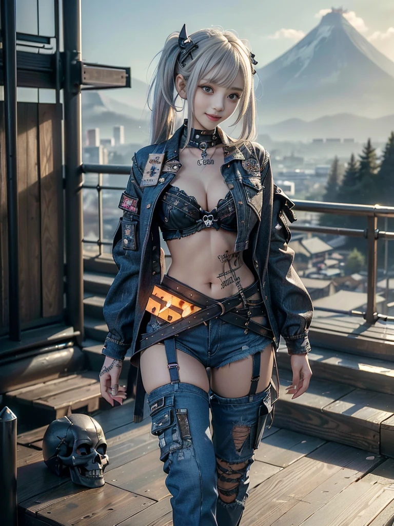 (Beautiful lips and nose:1.4)、(Long eyelashes:1.4)、(Smiling with teeth showing:1.3),(Shibuya Gal:1.5)、(Gothic intricately decorated dress:1.5)、(Tattered denim and black punk rock cargo pants:1.5)、(Denim and black navy skull mark small jacket:1.4)、(denim garter belt:1.5)、(Black and denim knee socks:1.3)、(Skull Silver Accessories:1.5)、(Denim collar:1.3)、(hair band:1.3)、(Brown Skin Belt:1.4)、(Brown boots:1.2)、(The ????????? is striped:1.4)、31 years old、((Highest quality、In 8K、masterpiece:1.3))、Sharp focus:1.2、(Layered Cut、Huge ?????:1.1),Beautiful woman with perfect figure:1.4、(Dancing vigorously:1.3)、Slender Abs:1.2、Highly detailed face and skin texture、Detailed eyes、double eyelid,(Twin tails:1.3)、(Cream colored hair:1.3)、Gravure idol、(The background is a vast mountain with a clear view々Beautiful luxury resort destination in Europe:1.3)、(Slim Body:1.2),(Make your legs thinner:1.4),(clavicle:1.1)