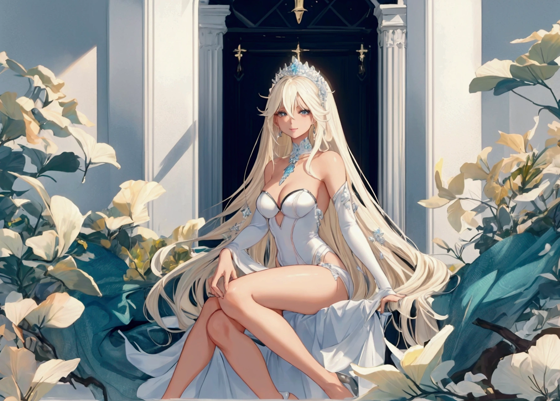 high resolution, high quality, ocean, sitting, Platinum blonde, Light skin color, beautiful, reply, Beauty, long hair, Looks happy