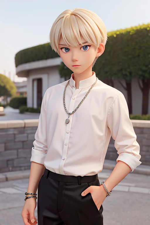 male、16age、Blonde、Silver chains on every finger、White Shirt、Black trousers、Gentleman、neutral、calm、Hairstyle with bangs down、No Necklace、