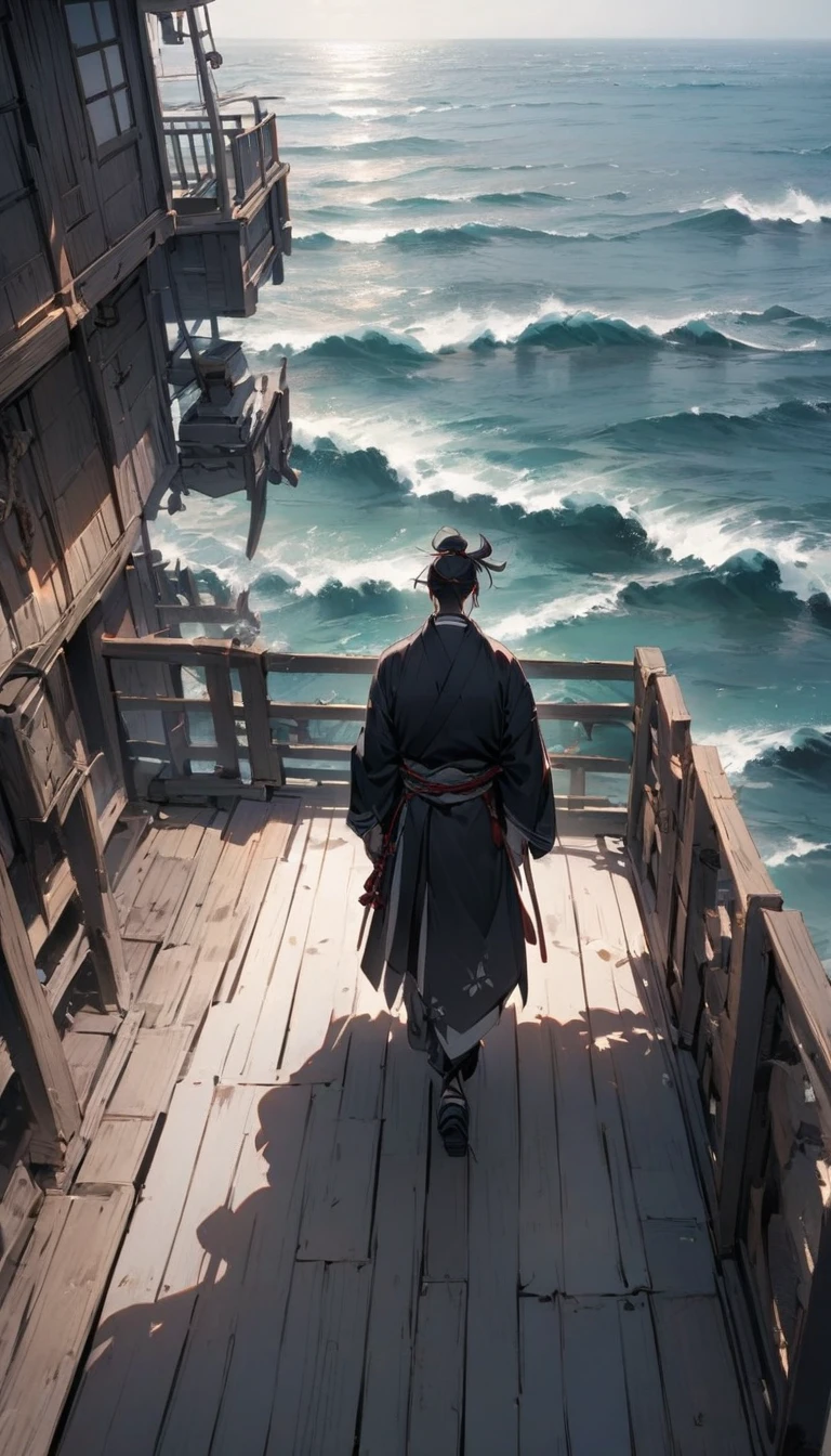 A samurai walking away from another samurai on a ship's deck. The ocean stretches out behind them, and the atmosphere is filled with silent tension."