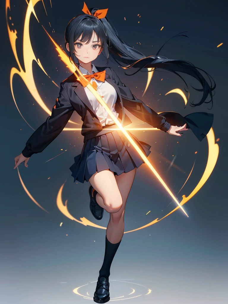 One person, ponytail, Black Hair, Slender body,Thinい胸,Slanted Eyes, Thin々, height: 155cm,Illustration effect, High School Uniform,Navy Blue Blazer,White blouse,Orange bow ribbon,Gray knee-length flared skirt,Navy blue knee socks,Black shoes,Kung Fu Action,High Kick,High resolution, masterpiece, Accurate, Anatomically correct, number々Awards, Highest quality, corruption, detailed, High resolutionモデル, 高いdetailed, retina, Very detaileded, Textured skin, 超High resolution, vision, Background Blur, Lens flare, Anatomically correct, Anime Style,