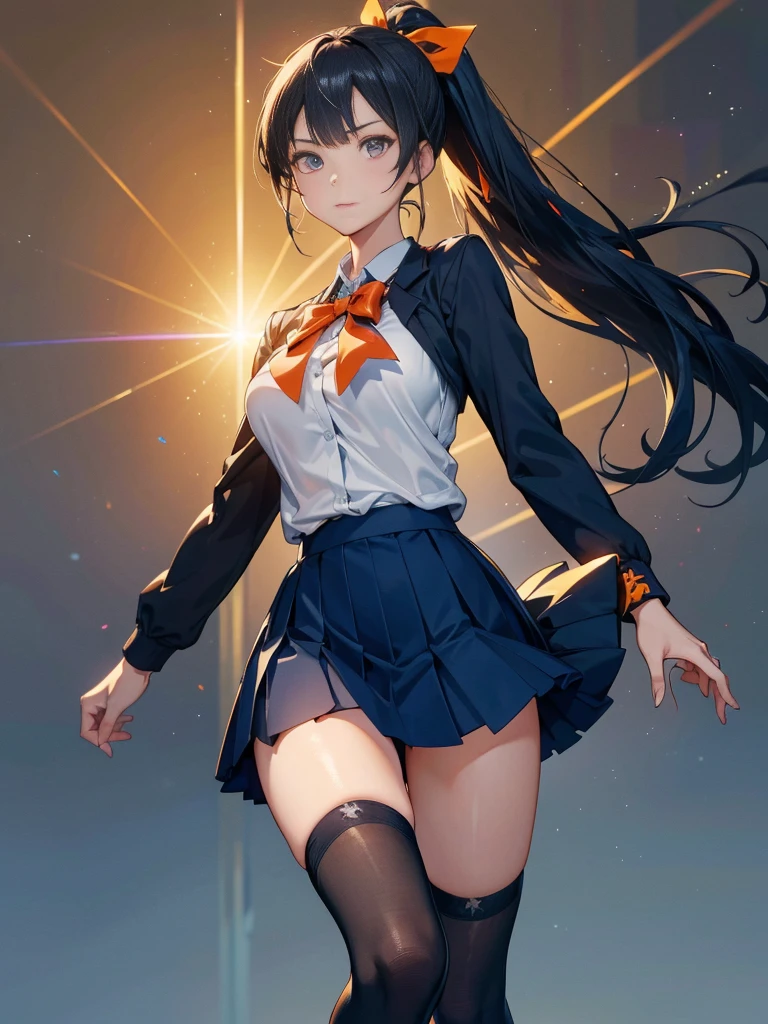 One person, ponytail, Black Hair, Slender body,Thinい胸,Slanted Eyes, Thin々, height: 155cm,Illustration effect, High School Uniform,Navy Blue Blazer,White blouse,Orange bow ribbon,Gray knee-length flared skirt,Navy blue knee socks,Black shoes,Kung Fu Action,High Kick,High resolution, masterpiece, Accurate, Anatomically correct, number々Awards, Highest quality, corruption, detailed, High resolutionモデル, 高いdetailed, retina, Very detaileded, Textured skin, 超High resolution, vision, Background Blur, Lens flare, Anatomically correct, Anime Style, 