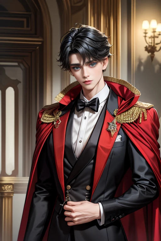 masterpiece, 最high quality, high quality, 1 boy, alone, Male focus, Upper Body,Watching the audience, Messy black hair, Adorable big blue eyes, White, Noble, Noble,A black and red cape that is bursting with sexy volume、Tuxedo、A very voluminous, large, very large, very large, long, long red and black cape with a high stand-up collar, made of a lot of fabric that reaches down to the floor., ,cute beautiful,Cute, cute, kind, handsome guy