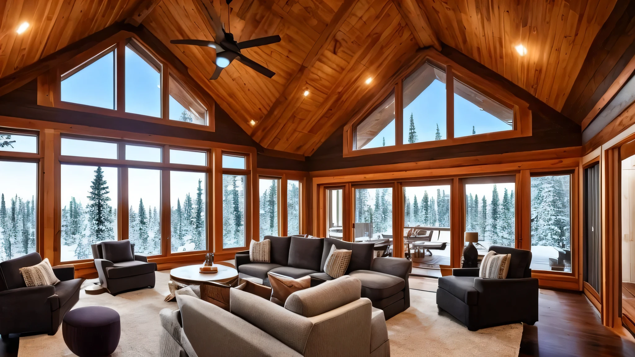 A double-height ceiling living room with a large, floor-to-ceiling window on one side log cabin. Outside is a dark snow-covered landscape. The living area is furnished with plush, contemporary sofas and chairs in neutral tones, grouped around a low, central coffee table. The room's color palette is composed of dark brown and warm tones, with the soft lighting from various lamps adding a cozy ambiance.