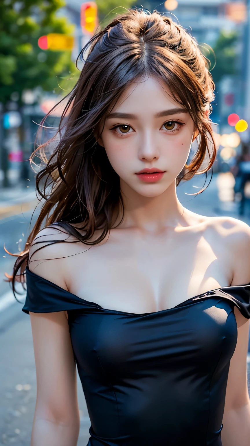 Black Swimsuit, Long Hair, highest quality, masterpiece, Ultra-high resolution, (Realistic:1.4), RAW Photos, One Girl, Off the shoulder, In the Dark, Deep Shadow, Moderate, Golden Ratio, roadside,walk, 20-year-old,Cute Face, Slightly larger breasts, (head shot:1.5)