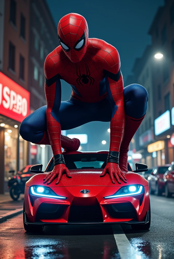 A supra standing in the town beside some shop and a spider man stand over it and it is at night