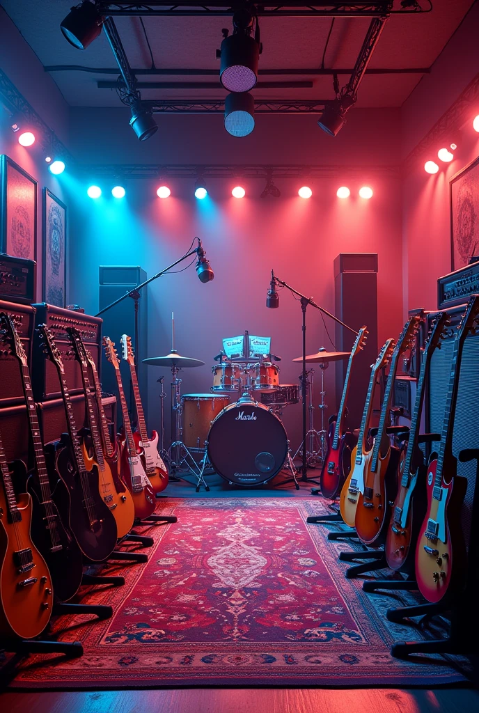 Room full of guitar amps, mic stands, drums, guitar and basses