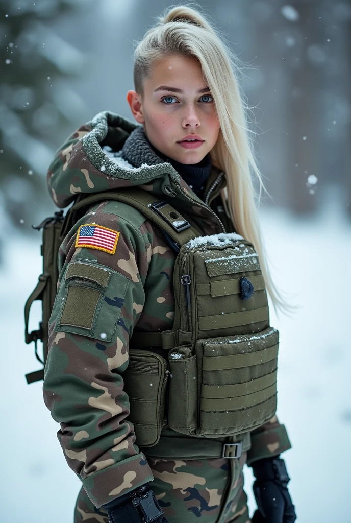 (photorealistic), beautiful lighting, best quality, realistic, full body portrait, real picture, intricate details, depth of field, 1girl, in a cold snowstorm, A very muscular solider girl with haircut, wearing winter camo military fatigues, camo plate carrier rig, combat gloves, (magazin pouches), (knee pads), highly-detailed, perfect face, blue eyes, lips, wide hips, small waist, tall, make up, tacticool, Fujifilm XT3, outdoors, bright day, Beautiful lighting, RAW photo, 8k uhd, film grain, ((bokeh))