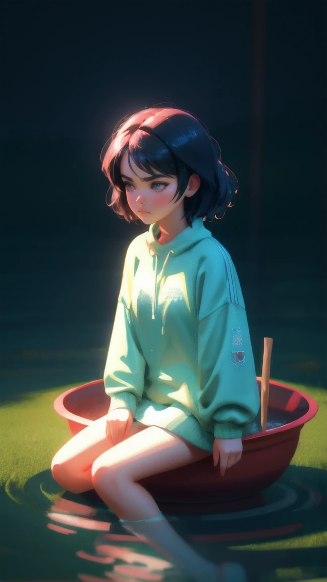 a beautiful girl sitting in a bowl of water with a stick transduction, An exaggerated frown or a pouting face to emphasize frustration.3 d illustration, 3d illustration, depicted as a 3 d render, stuck, trend on behance 3d art, trend on behance 3 d art, water manipulation photoshop, ultra realistic 3d illustration, pixar 3 d animation style, c 4 d ”, 3 d epic illustrations