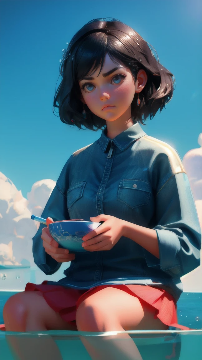 a beautiful girl sitting in a bowl of water with a stick transduction, An exaggerated frown or a pouting face to emphasize frustration.3 d illustration, 3d illustration, depicted as a 3 d render, stuck, trend on behance 3d art, trend on behance 3 d art, water manipulation photoshop, ultra realistic 3d illustration, pixar 3 d animation style, c 4 d ”, 3 d epic illustrations