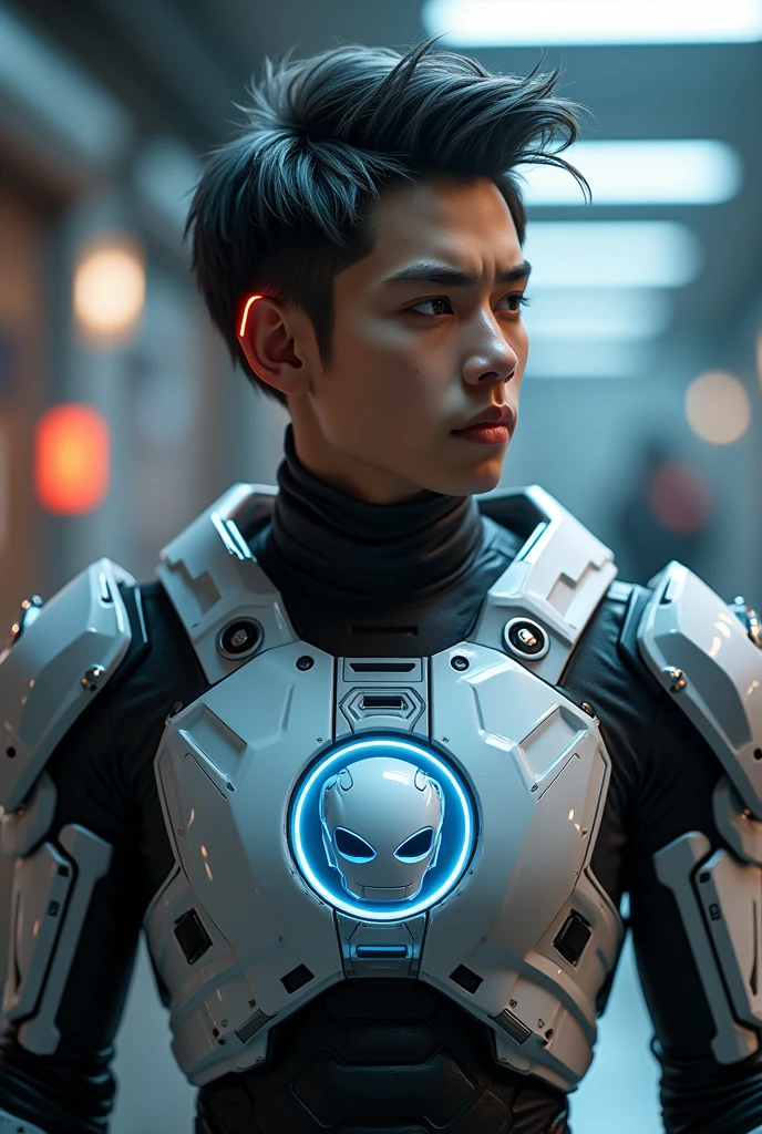 a young Malaysia man, tan skin .19 year old boy wearing a red and white exoskeleton armor. Reverse color, a robot face on his chest , malaysian mullet wolfcut hairstyle. Red ear mount . black hair mix little white hair. , detailed face and eyes, highly detailed, 8k, photorealistic, cinematic lighting, concept art, sci-fi. Led light blue.led light emoji robot face on body . Marvel. Alien angry robot face on body. Mechamato. Robot face on chest. Talking robot on chest. Angry Robot emoji on body