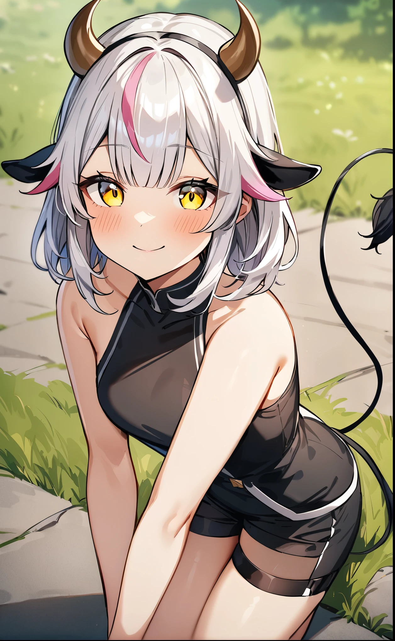 (masterpiece),(best quality), (uitra detailed),One Woman:1.1,Girl with cow horns and cow tail:1.2,(white hair color):1.2,pink streaked hair:1.2, medium hair with bangs:1.2,(yellow eye):1.1,Medium chest:1.2,Black vest with bare shoulders:1.2,Black shorts:1.2,happy smile:1.2, girl:1.2,The background is a grassland:1.2