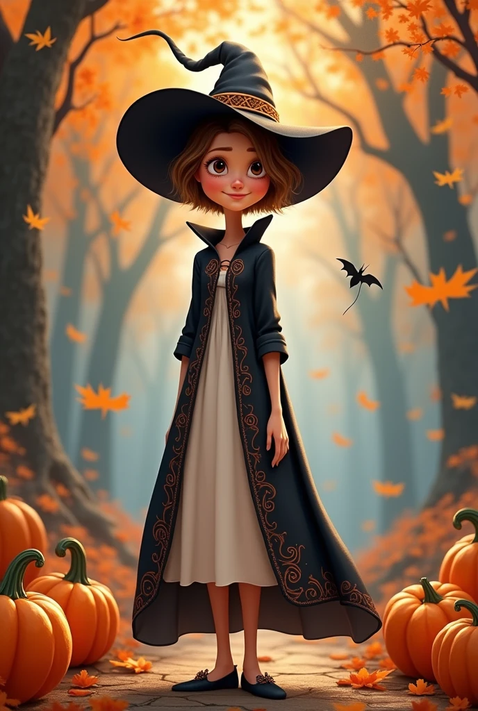 Disney Pixar style cover of a tall woman, slim, white tea, short, very short light brown hair, big brown eyes dressed as a witch on Halloween