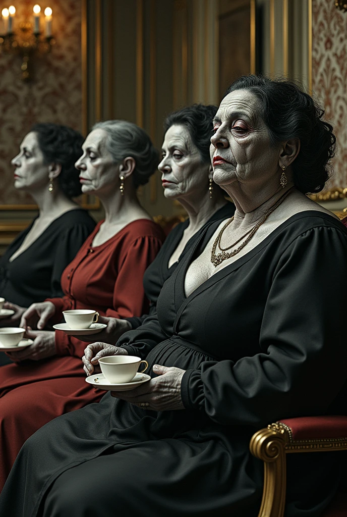 Best image quality, masterpiece, weird looking women, wearing antique clothes, very heavy makeup, wearing fancy jewelry, classic party background, four people sitting in a row drinking tea, rough skin, deep wrinkles, detailed skin expression, gray skin, large and curvy women, detailed image texture, grotesque, horror, creepy atmosphere (not AI image)