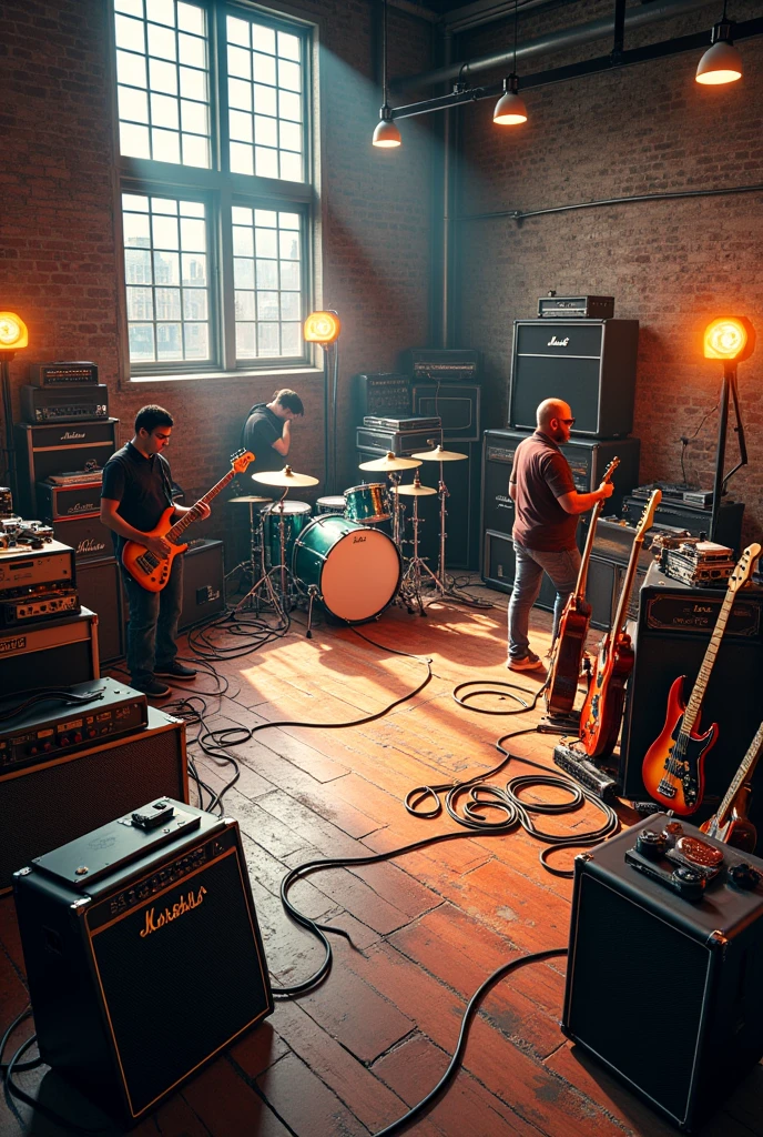 Room full of guitar amps, mic stands, drums, guitar and basses. Random arrangement