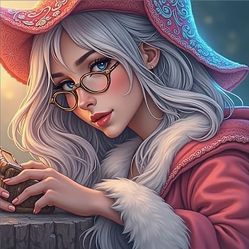 intricate detailed portrait of a beautiful woman with silver hair wearing a red hat and glasses, holding an old leather-bound book, Maya Ali as a D&D sorceress, wearing a red wizard hat, detailed high fantasy witch character, highly detailed digital art, cinematic lighting, photorealistic, 8k, dramatic lighting, chiaroscuro, vibrant colors