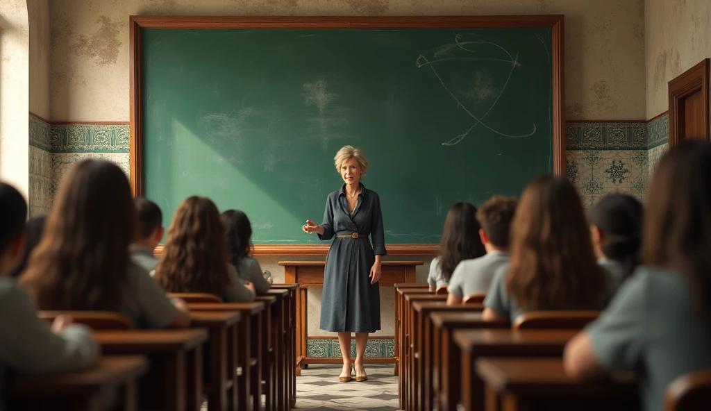 J.K. Rowling teaching a class in Portugal with a backdrop of a chalkboard, while the shadow of a crumbling marriage looms behind her  in 3d animation style 