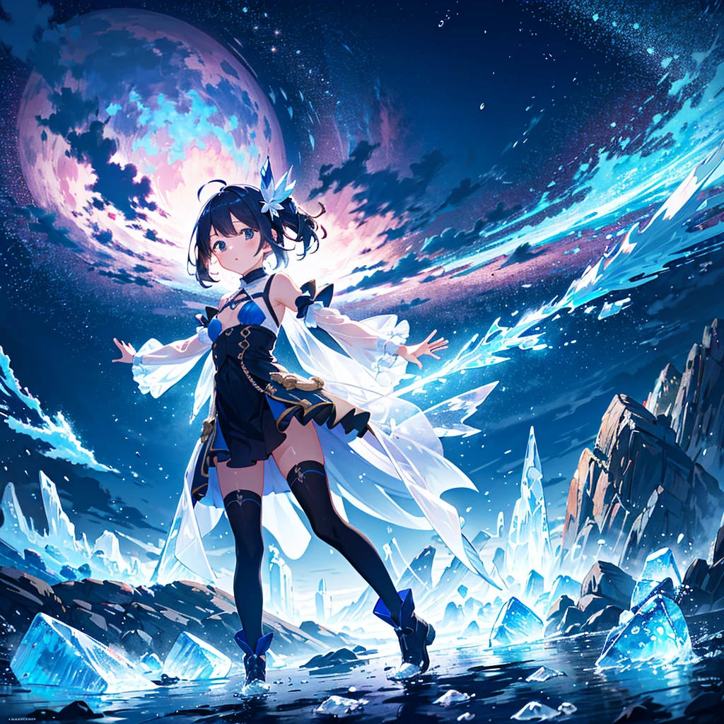 {{{Masterpiece, highest quality, high-resolution background}}}, bright and beautiful atmosphere, 1 girl (7 years old, round face, baby face), small breasts, many large ice blocks stuck to the ground, mysterious clothes. Girl, spreading her arms to the left and right, girl floating in the air, fantastic scenery, "deltamon_sdXL :0.73)>Deltamon"