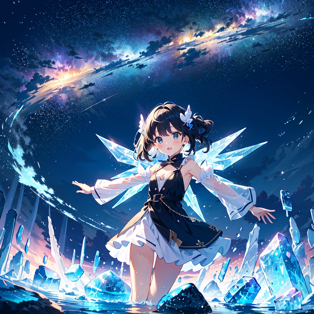 {{{Masterpiece, highest quality, high-resolution background}}}, bright and beautiful atmosphere, 1 girl (s old, round face, baby face), small breasts, many large ice blocks stuck to the ground, mysterious clothes. Girl, spreading her arms to the left and right, girl floating in the air, fantastic scenery, "deltamon_sdXL :0.73)>Deltamon"