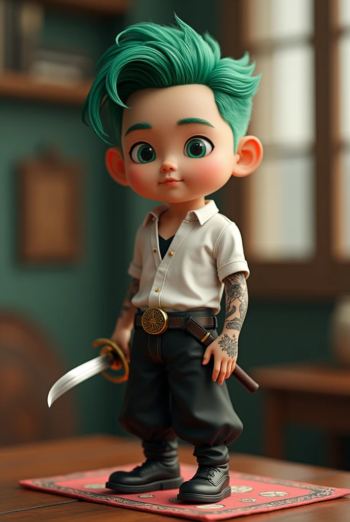 realistic miniature young Korean man with green hair, big head with tattooed arms, carrying a sword, black trousers, white pirate clothes, small character. mafia style, unreal 5 machines, very realistic, on the table, one Piece pirate ship background, realistic 3d characters, the whole body is very detailed, with sifu style, very detailed and realistic, in a very realistic style, the characters are very detailed, pop 3D japonisme very detailed, handsome poses
