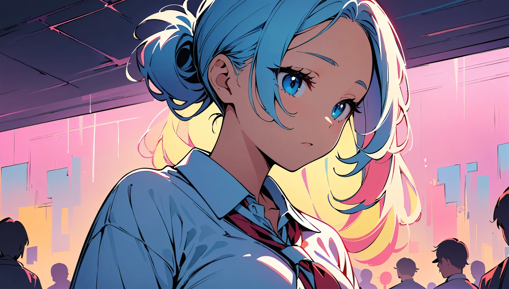 (high quality, 8k, 4K, High Contrast, masterpiece:1.2, 最high quality, Best aesthetics), (Dynamic Angle), ((1 female teen)), ((Plain and bright background)), ((Flat Color)), (In underwear), Looking at the audience, Upper Body, Transparent Background, Sleepy eyes, High Contrast, Contrasting colors, Cowboy Shot, Pale pink and blue lighting, Long Hair, ((Tied Hair)) , Light blue hair, bright eyeshadow, Cool look, Small Tits, Clothes wet from the rain. Raining background,