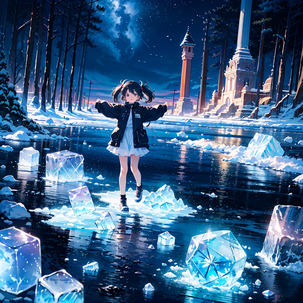 {{{Masterpiece, highest quality, high-resolution background}}}, bright and beautiful atmosphere, 1 girl (7 years old, round face, baby face), small breasts, many large ice blocks stuck to the ground, mysterious clothes. Girl, spreading her arms to the left and right, girl floating in the air, fantastic scenery, "deltamon_sdXL :0.73)>Deltamon"