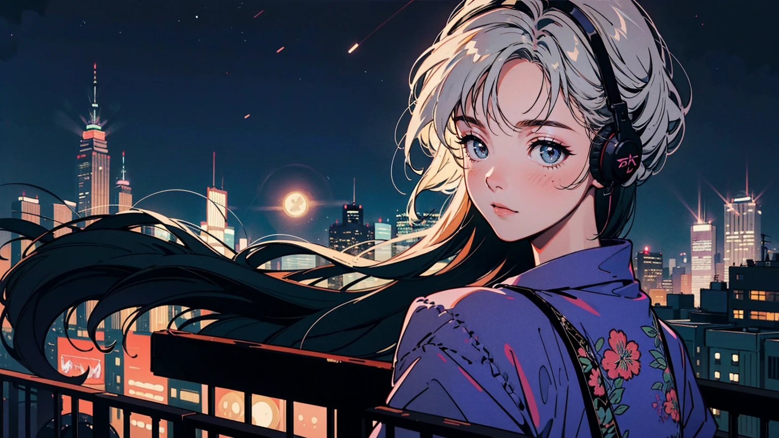 Anime style illustration of young woman on balcony at night. Full moon and starry sky, cityscape below with twinkling lights. The woman wearing pajamas. Wearing a big headphone and looking at viewers. Various colors in the image. Balcony railing in foreground. Contrast between dark night sky and bright city lights. Peaceful, contemplative mood. Highly detailed background with buildings. Cozy, late-night atmosphere.