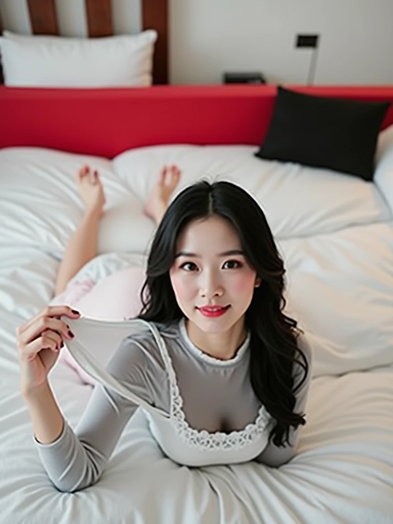 Canon 80mm lens,Graininess,High noise,full-body shot,Lying down photo,Shoot from top to bottom,Relaxation,Nightdress Model,An oriental beauty,Seductive Action,Black long hair,Round face,thick lips,Novelty Strap Bikini Ultra Short Tube Nightdress,,One hand pulls up the skirt,Wearing pink t-back pants,White elegant embroidery,Premium texture,The latest summer short nightgown,Lie in bed,Long legs,The upper body is plump,Real skin texture,Lights illuminate the body in the dark。Commercial Photography,Reality,Advanced Composition,Master,Ultra-clear,8k