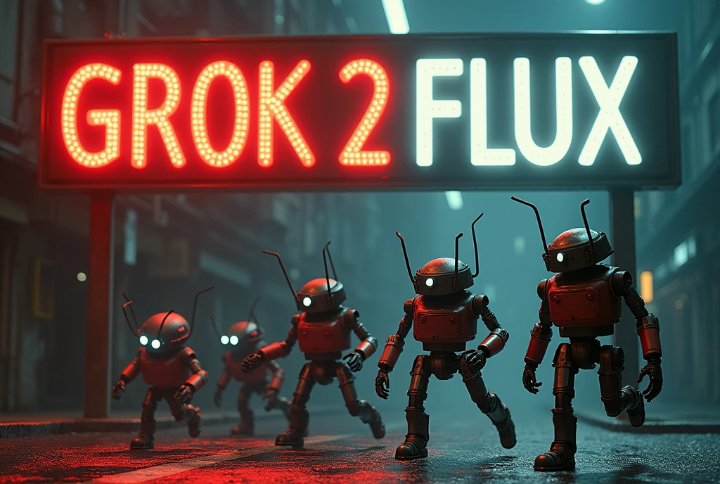 Robots chasing bugs under a glowing signboard written "GROK 2 FLUX", the 0 is highlighted in red and the other text is in black.