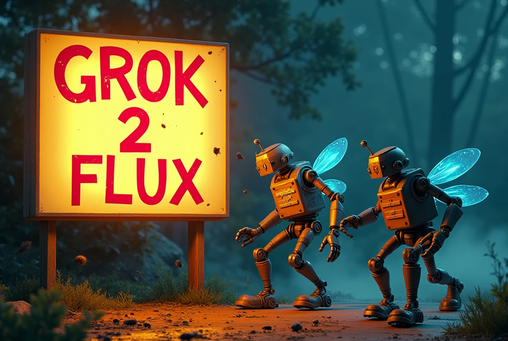 Robots chasing bugs under a glowing signboard written "GROK 2 FLUX", the 0 is highlighted in red and the other text is in black.