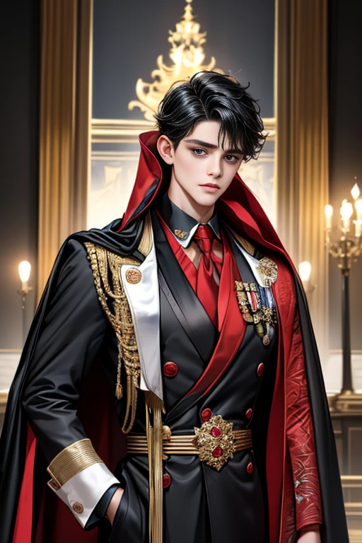 masterpiece, 最high quality, high quality, 1 boy, alone, Male focus, Upper Body,Watching the audience, Messy black hair, Adorable big blue eyes, White, Noble, Noble,A black and red cape that is bursting with sexy volume、Tuxedo、A very voluminous, large, very large, very large, long, long red and black cape with a high stand-up collar, made of a lot of fabric that reaches down to the floor., ,cute beautiful,Cute, cute, kind, handsome guy