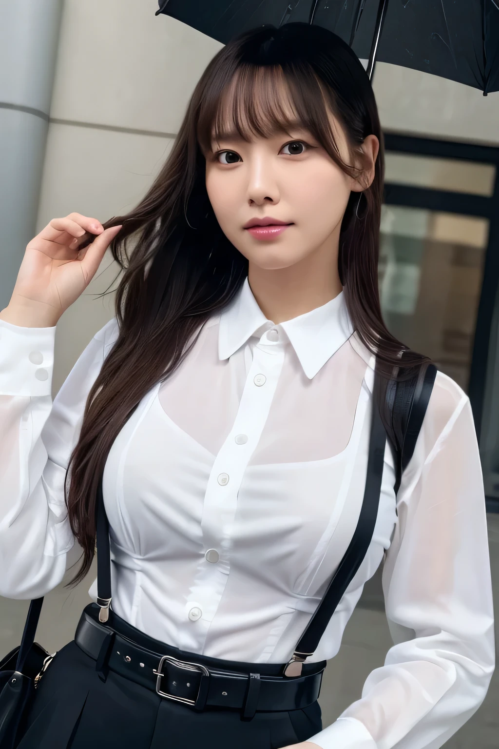 a woman in a suit, belt, hands behind back, sweating, suspenders, black pants, sexly, large breasts, see-through clothing, rain, detective, office worker, white button-up shirt, (best quality,4K,8k,highres,masterpiece:1.2),ultra-detailed,(realistic,photorealistic,photo-realistic:1.37),hyper-detailed,highly detailed face and body, slender thin suspenders Large Breasts See-through shirt Nipples
