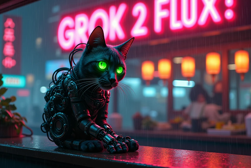 A movie poster, A huge neon sign in the middle reads "GROK 2 FLUX!" ,Masterpiece, 4k, 8k, high quality, highly detailed, concept art, A cyberneticly enhanced cat, glowing neon green eyes, cables on back, robotics, one paw is metalic, looking at viewer, sitting on a bar of a noodle shop, grooming itself, cyberpunk setting, raining, neon lights,