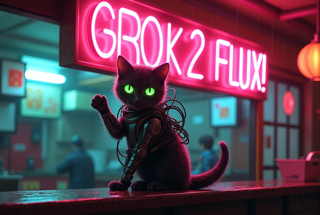 A movie poster, A huge neon sign in the middle reads "GROK 2 FLUX!" ,Masterpiece, 4k, 8k, high quality, highly detailed, concept art, A cyberneticly enhanced cat, glowing neon green eyes, cables on back, robotics, one paw is metalic, looking at viewer, sitting on a bar of a noodle shop, grooming itself, cyberpunk setting, raining, neon lights,