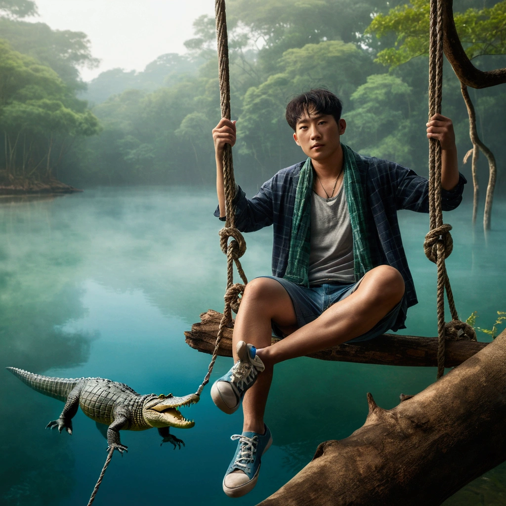 Professional photography of a Korean man with a stocky, sturdy body with short hair, wearing a flannel shirt, T-shirt.text "mankdan".casual shorts, sneakers, scarf around his neck, sitting on a natural swing with a chain rope in the branches of a tree above the edge of a blue lake misty green. The atmosphere is ethereal, with mist rising off the water and lush green forests in the background. mystically, in the water a large crocodile came with fast movements