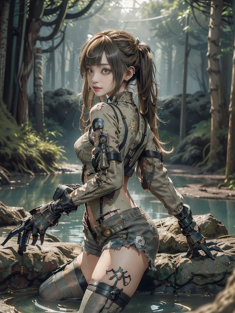 (Full Body View:1.2)、(Side view:1.1)、(Please smile with your teeth showing:1.4),(Shibuya Gal:1.5)、(Goth Style Fashion:1.5)、(Tattered khaki and gray futuristic micro high leg bodysuit:1.5)、(Tattered Khaki and Beige Micro Fancy Sleeves:1.5)、(Tattered khaki micro shorts:1.5)、(Brown and khaki knee socks:1.3)、(camouflage:1.3)、(Military jacket:1.4)、Brown boots、Khaki gloves、internal、(underwear is small:1.4)、23 years old、(Posing as a gravure model:1.3)、((Highest quality、8k、masterpiece:1.3))、One person、The beauty of slim abs:1.3、(Hairstyle Casual、Big Tits:1.1)、dress:1.1、Super small face、Narrow eyes、double eyelid、Laughter、Esbian all over body、Dynamic Angle、Close-up、CPL Filter、Blurred Background、Bokeh、Blue Hour、Detailed face and skin texture、Detailed Eyes,(Twin tails:1.3)、(Golden brown hair:1.4)、Gravure idol pose、(Background: A beautiful underground lake in the middle of a deep forest:1.3)、(The body is slim:1.2),(Slim legs:1.4),(clavicle:1.1)