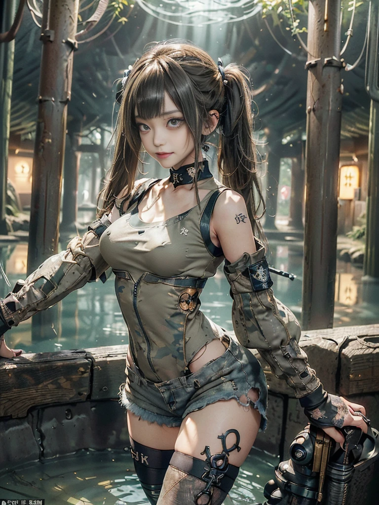 (Full Body View:1.2)、(Side view:1.1)、(Please smile with your teeth showing:1.4),(Shibuya Gal:1.5)、(Goth Style Fashion:1.5)、(Tattered khaki and gray futuristic micro high leg bodysuit:1.5)、(Tattered Khaki and Beige Micro Fancy Sleeves:1.5)、(Tattered khaki micro shorts:1.5)、(Brown and khaki knee socks:1.3)、(camouflage:1.3)、(Military jacket:1.4)、Brown boots、Khaki gloves、internal、(underwear is small:1.4)、23 years old、(Posing as a gravure model:1.3)、((Highest quality、8k、masterpiece:1.3))、One person、The beauty of slim abs:1.3、(Hairstyle Casual、Big Tits:1.1)、dress:1.1、Super small face、Narrow eyes、double eyelid、Laughter、Esbian all over body、Dynamic Angle、Close-up、CPL Filter、Blurred Background、Bokeh、Blue Hour、Detailed face and skin texture、Detailed Eyes,(Twin tails:1.3)、(Golden brown hair:1.4)、Gravure idol pose、(Background: A beautiful underground lake in the middle of a deep forest:1.3)、(The body is slim:1.2),(Slim legs:1.4),(clavicle:1.1)
