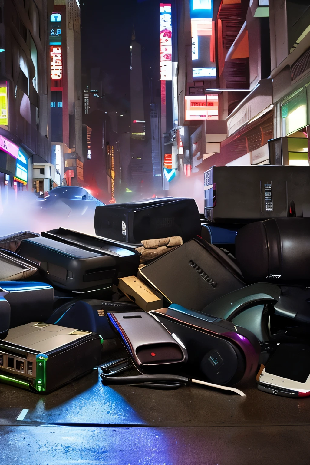 Show various tech products piled up in a big heap by the side of a cyberpunk city street.