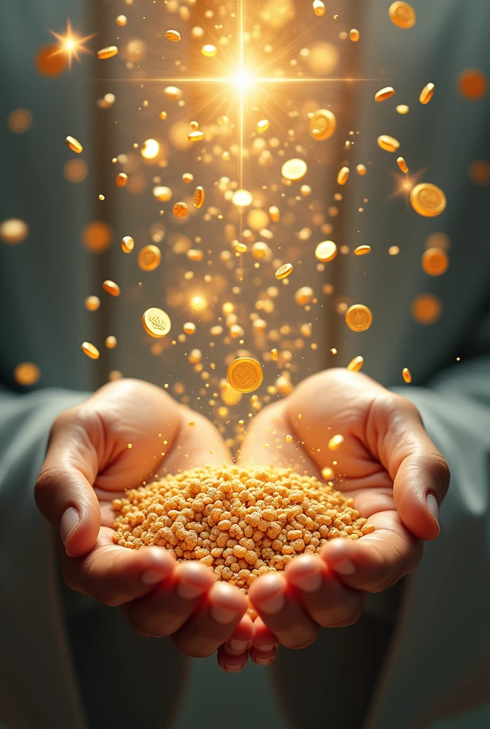 Hands extended with open palms, dropping, seeds, Granos de seeds, of abundance, coins and stars.